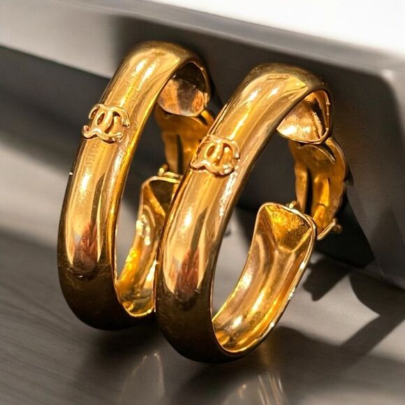 Chanel Vintage Gold Plated Hoop Earrings - Picture 1 of 7
